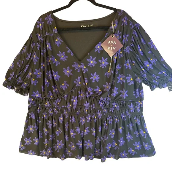 Ava & Viv 3X NWT Black Purple Floral Peplum Blouse Smocked Waist Flutter Sleeve - Picture 2 of 9